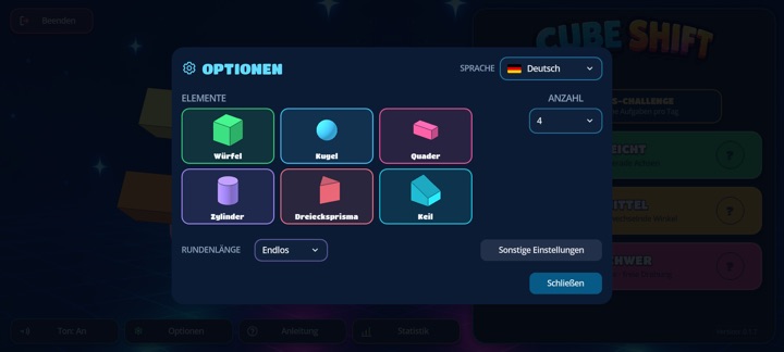 Optionen: Bausteine, Anzahl, Rundenlänge und Sprache