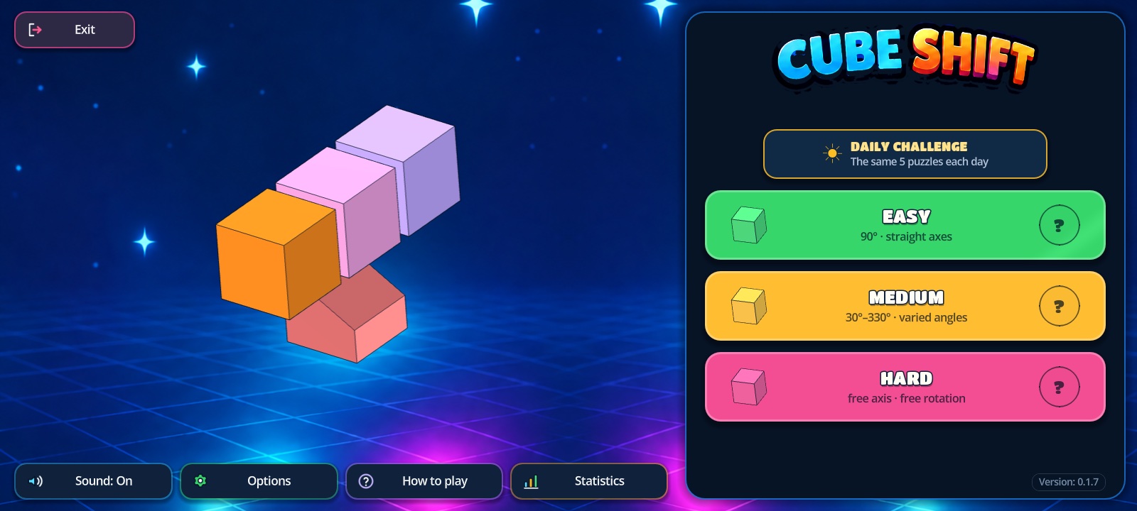 Main menu with the daily challenge and three difficulty levels