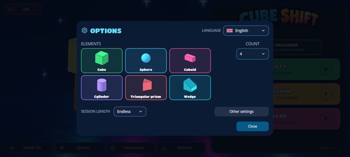 Options: pieces, count, session length and language